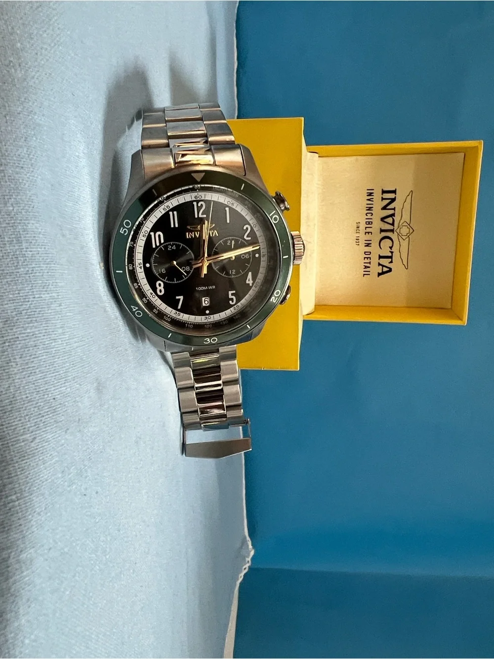 Invicta Men's Chronograph Watch in Black and Green & Gold Accents, model 35666.